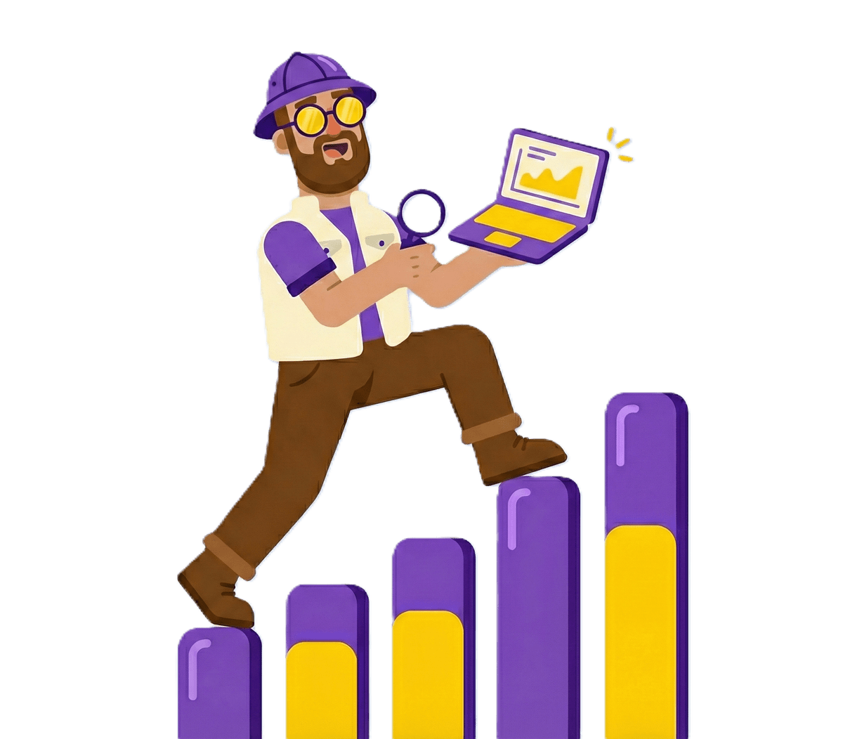 Insight BI Explorer - climbing data charts with magnifying glass and laptop